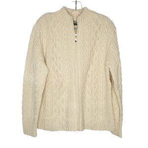 Aran Crafts Cable Knit Zip Up Merino Wool Sweater L Ivory Cream Womens Fisherman